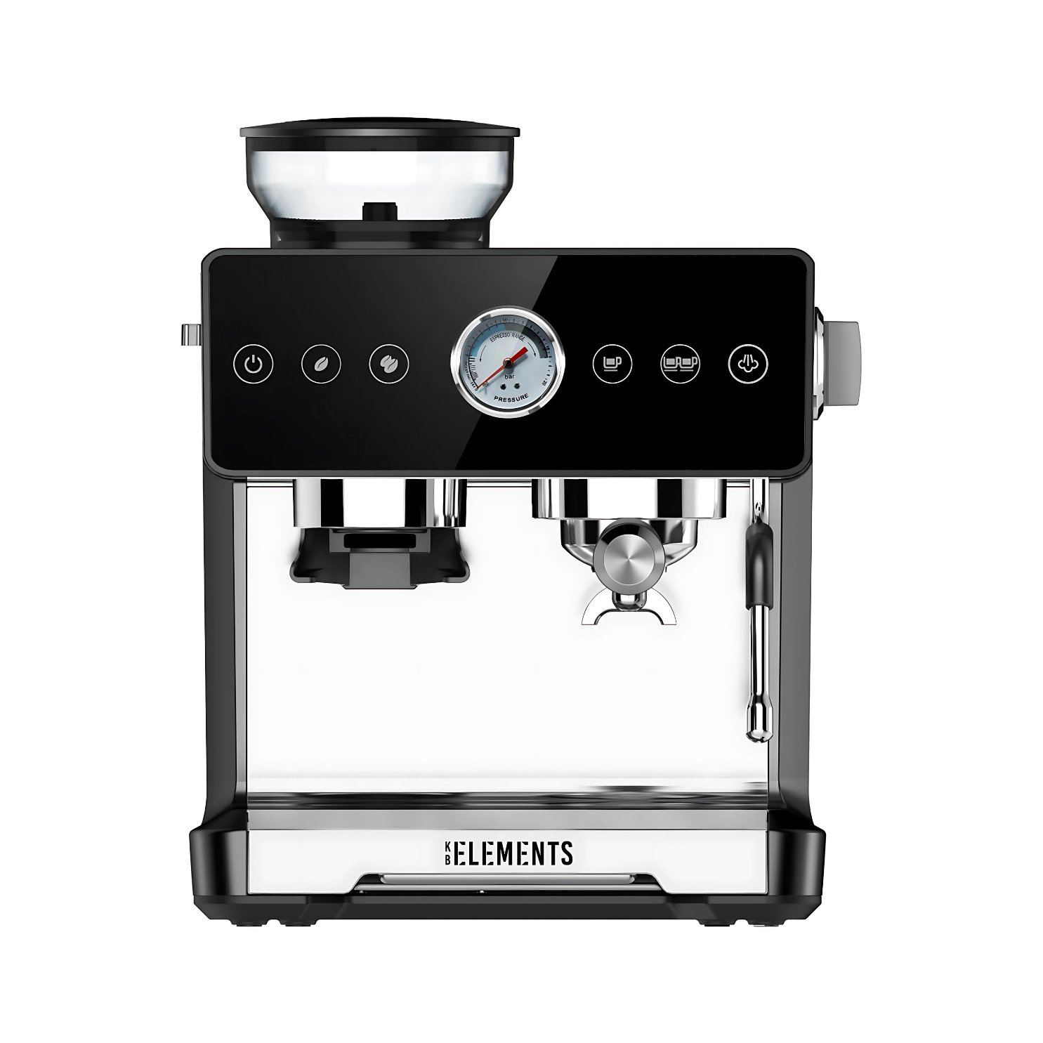 KB Elements ELK202CB coffee machine with grinder, 20-bar ULKA pump, 2.6L water tank, and frothing system for cappuccinos and lattes