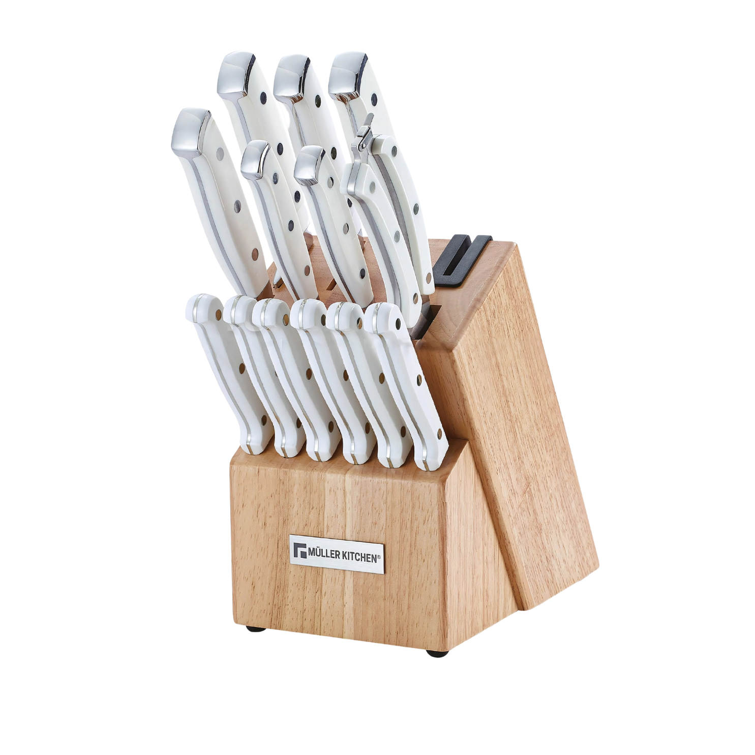 Muller Kitchen MK-2815 15-piece German stainless steel knife set in white with a wooden block and built-in knife sharpener